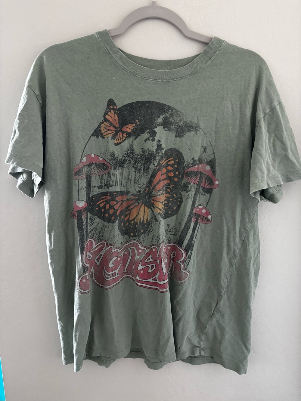 Hollister Sage Green Graphic Tee with Orange Butterflies and Pink Mushrooms - Picture 2 of 2